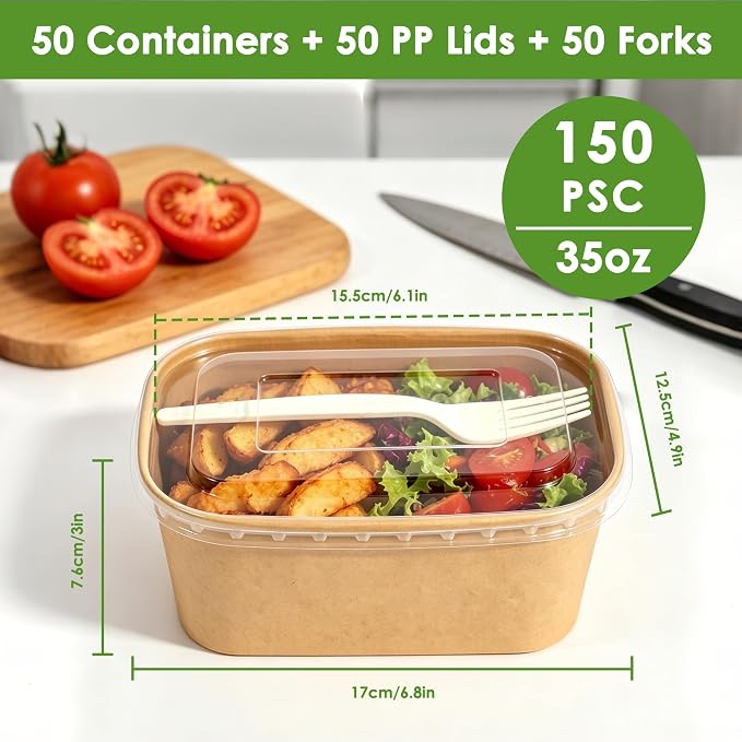 50 Pack 35oz Meal Prep Containers with Lids and Forks for Lunch Takeout | Disposable, Compostable Kraft Paper Bowls To Go, Microwave & Freezer Safe Food Containers for Hot Soup, Cold Dessert