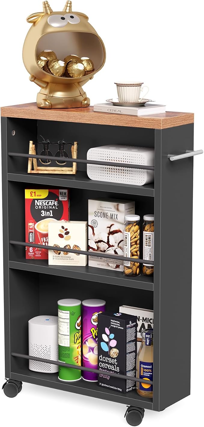 LITTLE TREE Slim Rolling Storage Cart, 3 Tier Snack Cart with Wheels for Kitchen, 6.3 Inch Wide Bathroom Organizer Shelves, Wooden Utility Cart for Laundry Room, Black