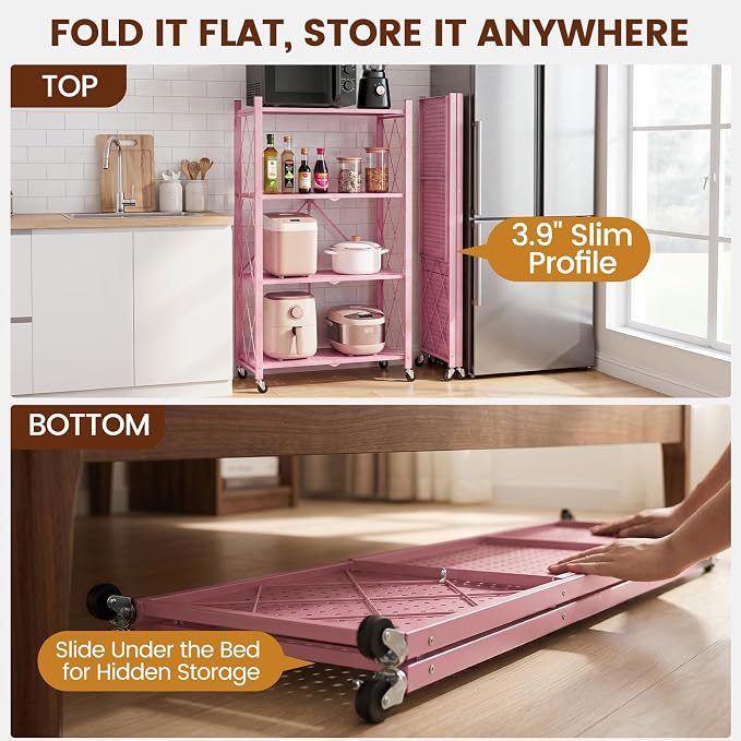 ALANNG 4 Tier Folding Storage Shelf on Wheels,Heavy Duty Metal Rolling Cart | 264 lbs Capacity, No Tools Assembly, Folds to 3.9", Lockable Casters, Portable for Kitchen Laundry Garage (Pink, 2 Pack)