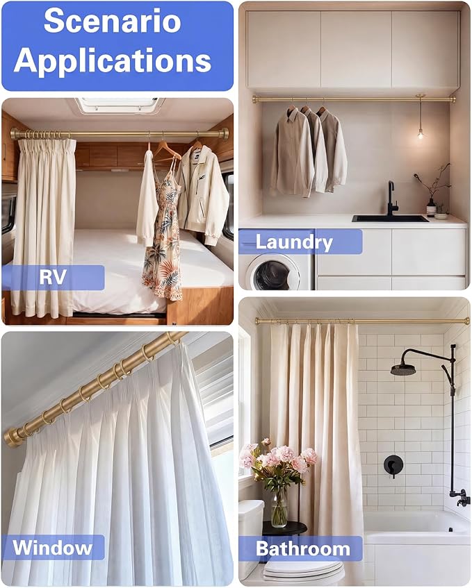 Closet Rod, No Drill Tension Closet Rod for Hanging Clothes, 17-69in, Gold | Quick Tool-Free Install, Non-Slip Rubber Ends Grip Securely, Heavy-Duty Rod Supports Up To 66 lb In Closet, Laundry Rooms, RV
