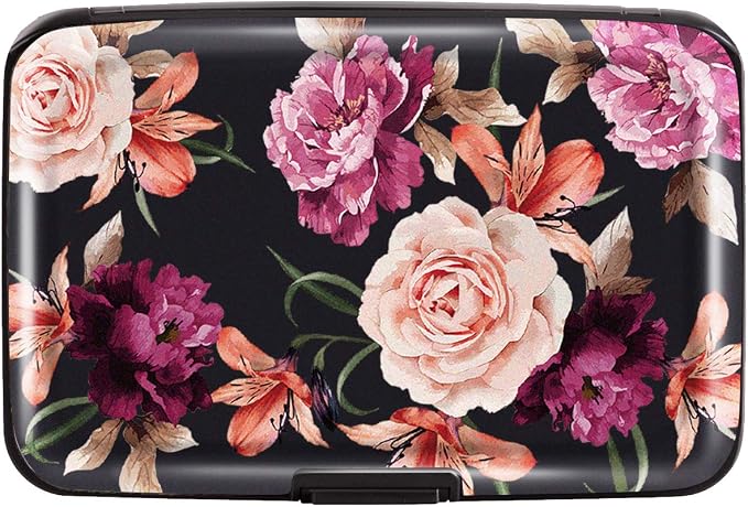 Mini Credit Card Holder for Women,RFID Blocking Slim Hard Card Case ID Case Travel Wallet Black Rose Flowers