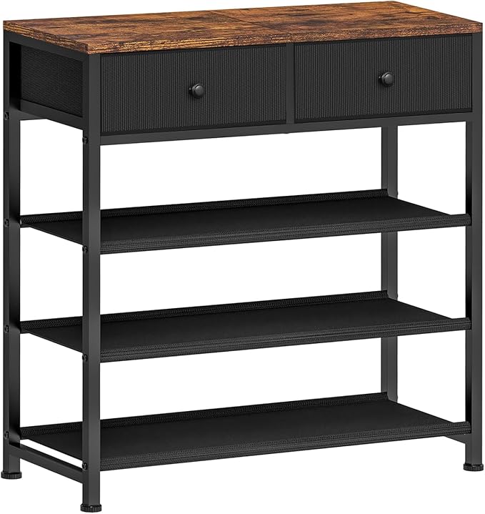 usikey Shoe Rack, 4 Tier Shoe Storage Organizer with 2 Drawers, Metal Shoe Shelf for 9-12 Pairs of Shoes, with 3 Oxford Fabric Shelves and Wooden Top, Shoe Stand for Closet Entryway, Black