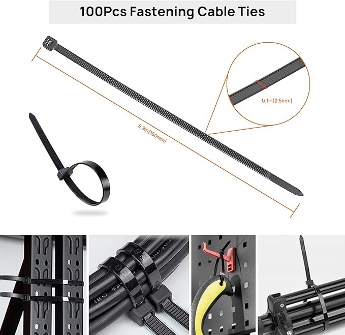 Cable Management Kit - 4 Cable Sleeve, 28 Self Adhesive Cable Clips, 29 Cord Holders, 10+2 Roll Cable Organizer Straps and 100 Fastening Cable Ties for TV Computer Under Desk (Black)