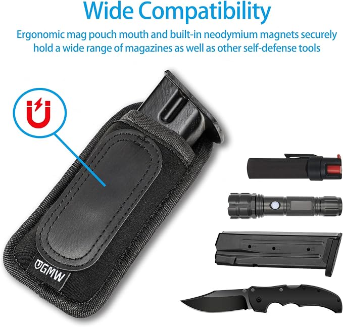 GMW Universal Magnetic IWB/OWB Magazine Holster [2-Pack] | Magazine Pouch for 9mm 1911 .380 .40 .45 Glock 17 19 43 M&P S&W | Pistol Mag Pouch for Single/Double Stack Handgun Magazines and Ammunition
