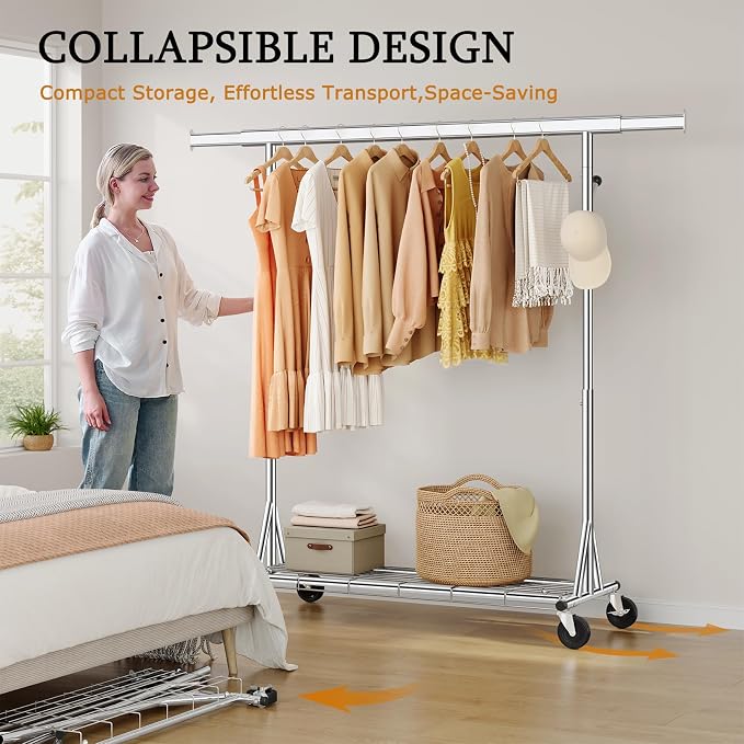 Gewudraw Clothes Rack Heavy Duty 630 LBS Capacity-Rolling Clothing Rack | Clothing Rack with Wheels,Shelf, Collapsible/Adjustable Height/Extendable, Portable Garment Rack For Wardrobe, Bedroom,Chrome
