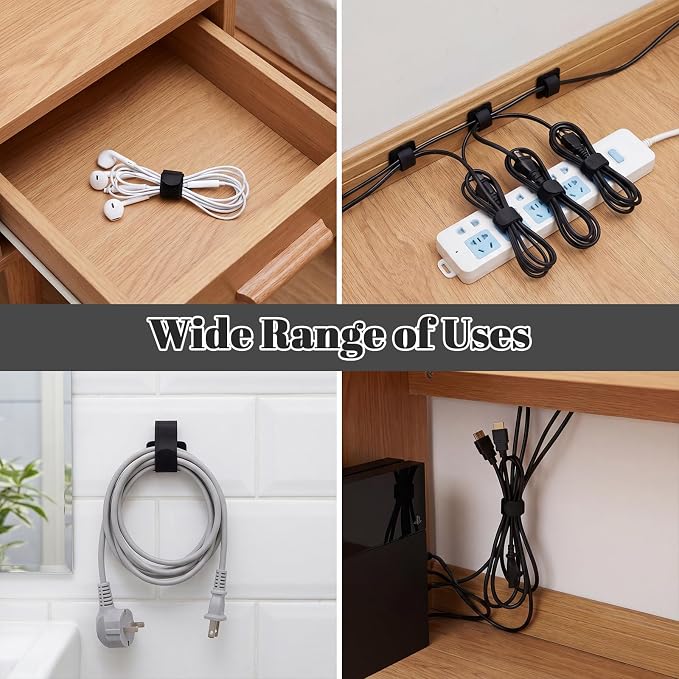 100PCS Cable Management Under Desk, Hook and Loop Cable Straps Self Adhesive Cable Organizer, Reusable Cable Ties for Cords Home Office TV Computer Car Wire Organizer, Black