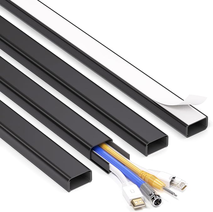 66in (4X L16.5in) Large Wire Hiders for TV on Wall for 3-4 Cords - ZhiYo PVC Cable Cover Kit with Pre-Applied Adhesive Tape, Ideal for Wall Mounted TVs Home Office, W1.2in x H0.7in Black