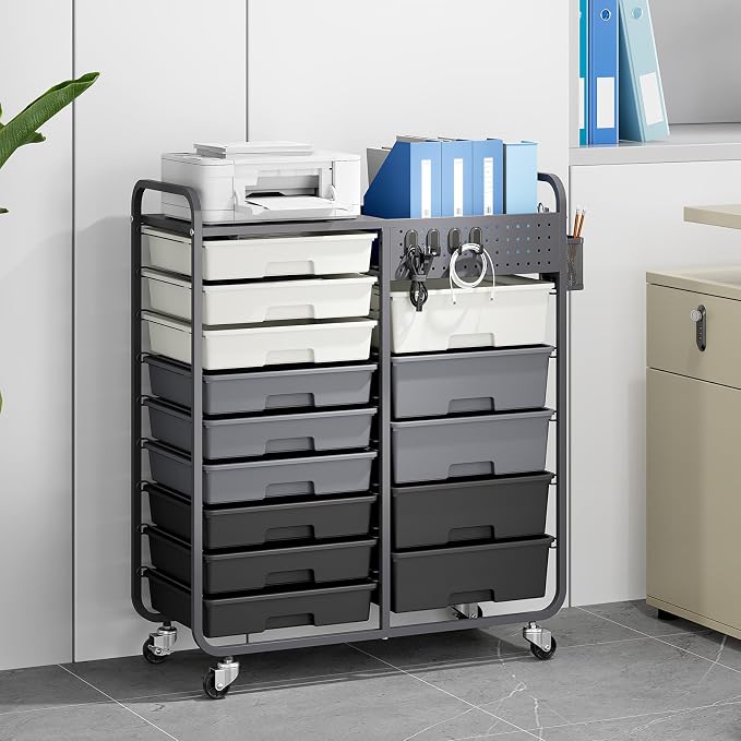 Rolling Storage Cart with Drawers, Storage Organizer Cart with Wheels and Wooden Tabletop,Utility Cart for Living Room, Classroom, Bedroom,Bathroom,Dorm,Office (Grey)
