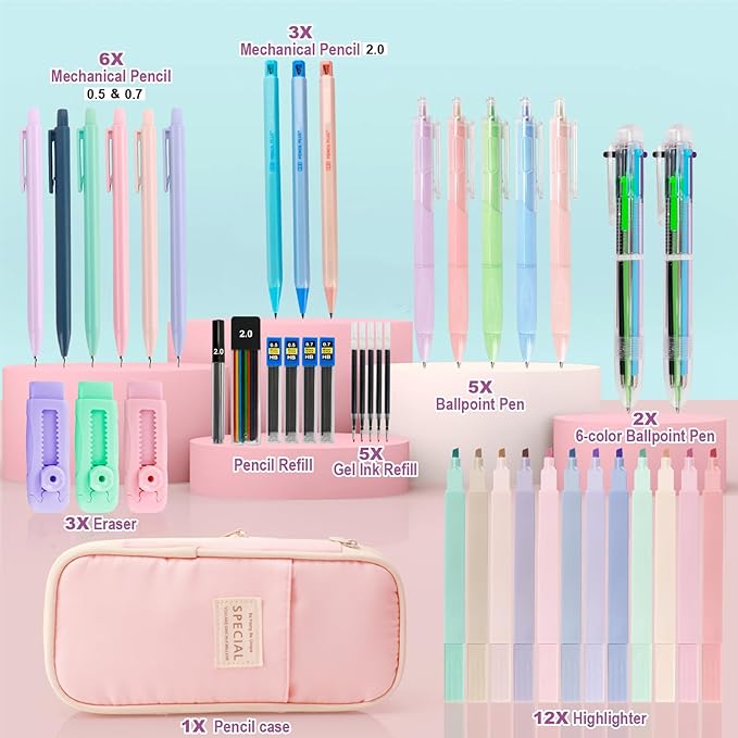 43 PCs Aesthetic School Supplies Kit - Art & Study Set with Pink Pencil Case, 0.5/0.7/2.0mm Mechanical Pencils, 6-Color Ballpoint Pens & Black Ink Gel Pens &12 Pastel Highlighters