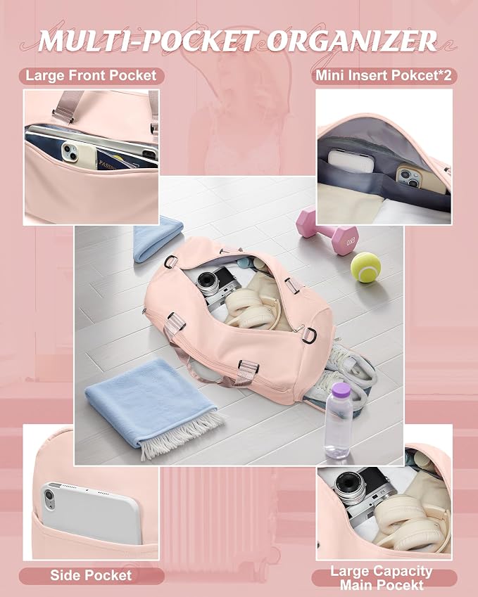 Gym Bag for Women with Shoe Compartment Lightweight Travel Duffle Bags Carry on Bag Overnight Weekender Duffel Bag with Wet Pocket Personal Item Travel Bag Tote Bag Workout Dance Bag Pink