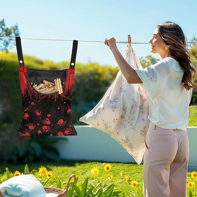 Red Blood Handprint Clothespin Bag with Hanging Hook Summer Laundry Clothes Pin Holder Waterproof Clothes Pin Hanging Bag Clothespin Storage Organizer with Large Opening