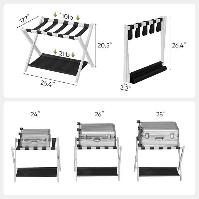 Smart FENDEE 2 Pack Luggage Rack, Folding Luggage Rack for Guest Room, White Bamboo Suitcase Stand Holds up to 131 lb, Luggage Stand with Storage Shelf for Hotel, Bedroom