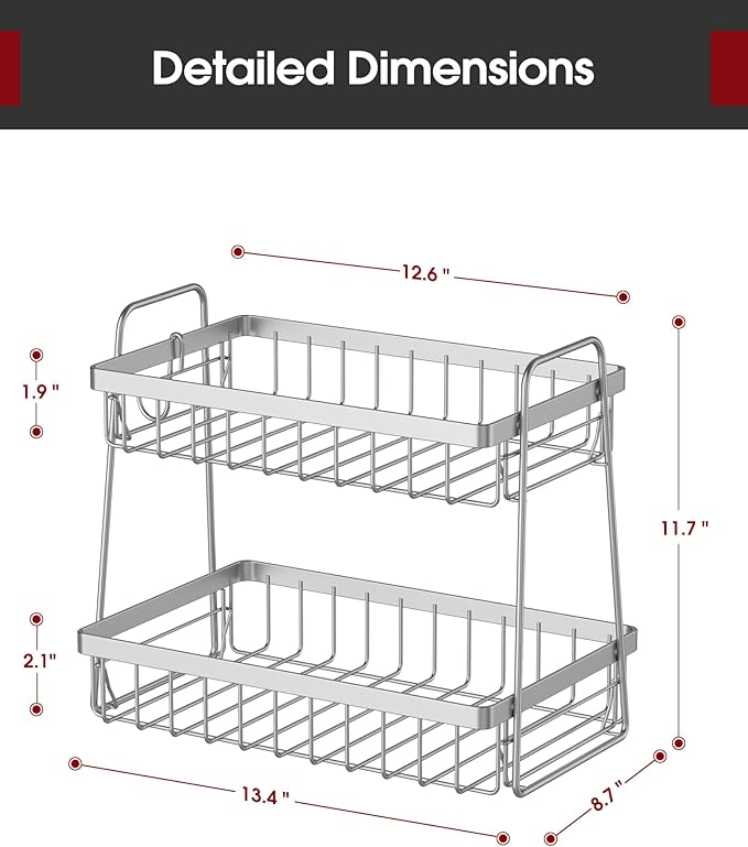 Sakugi Fruit Basket for Kitchen Counter - 2-Tier Fruit Bowl with Removable Banana Hanger & Handles, Rustproof Fruit Holder for Kitchen, Living Room, Bathroom, 13.4"×8.7"×11.7", Silver