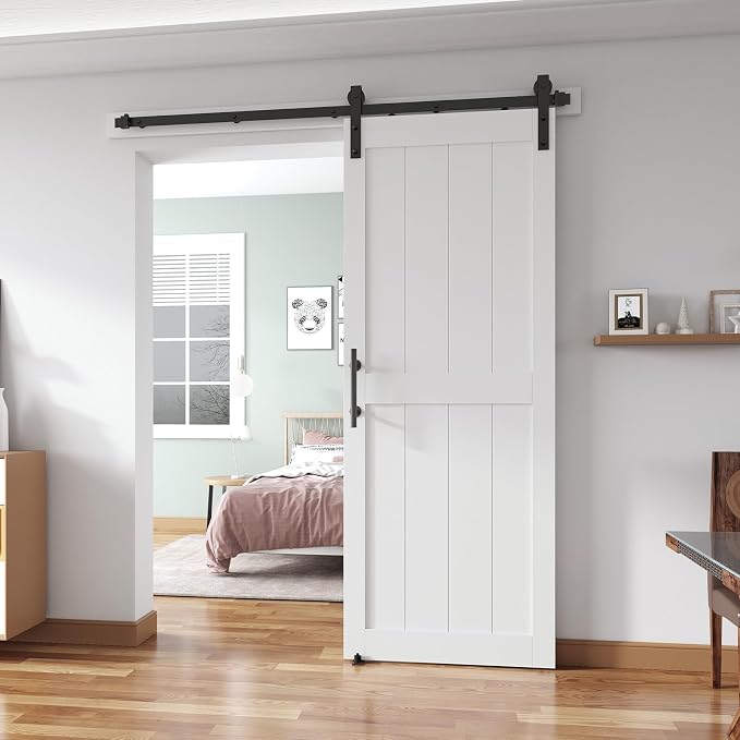 34''x80'' Sliding Barn Door with 6 Ft Barn Door Hardware Kit | Pre-Drilled Holes Easy Assembly - Include Installation Manual, Water-Proof PVC Surface, H-Frame, White