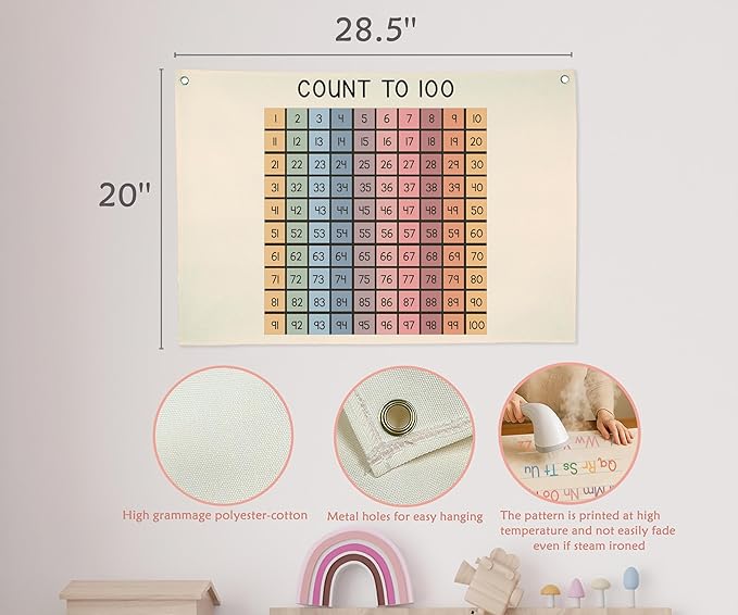 Count to 100 Chart Canvas Banner Wall Decor-Classroom Learning Pennant Flag for Preschool Kindergarten Elementary-Homeschool Number Grid Poster for Practice-Teacher Gift