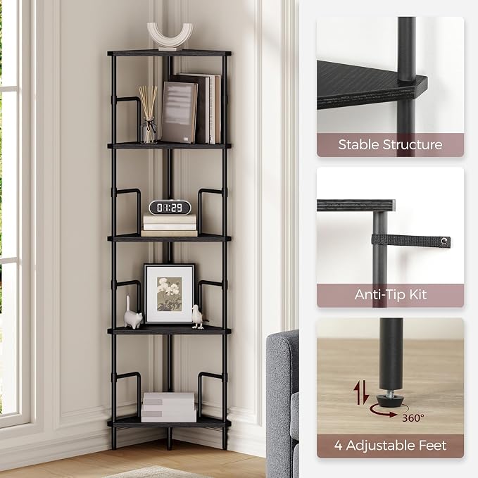 MAHANCRIS 5-Tier Corner Shelf, 52.8" Tall Corner Bookshelf with Metal Frame, Narrow Display Shelf Stand, Industrial Corner Bookcase for Living Room, Bedroom, Home Office, Black CSBK5501