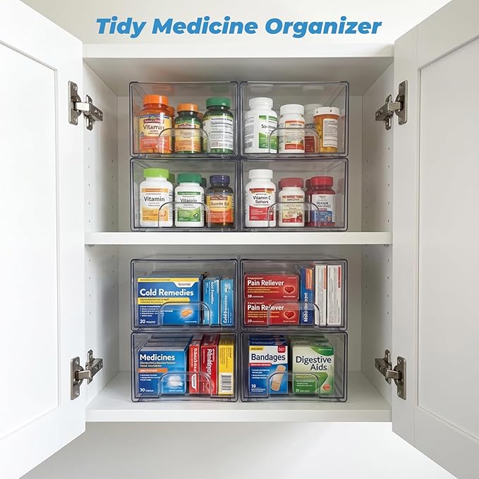 Acrylic Stackable Storage Drawers, [4-Pack] Clear Organizer Bins with Built-in Handles, Smooth Slide-Out Design for Vanity, Under Sink, Medicine Cabinet, Skincare, and More