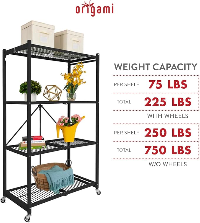 Origami R5 4-Shelf Heavy-Duty Folding Storage Rack, Black – Large Foldable Metal Shelving Unit with Wheels for Garage, Pantry, Basement, Laundry Room or Warehouse