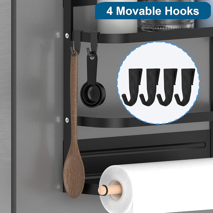 Magnetic Spice Rack,4-Slot Stanley Cup Water Bottle Holder with Paper Towel Holders and Removable Hooks for Fridge(Black Medium)