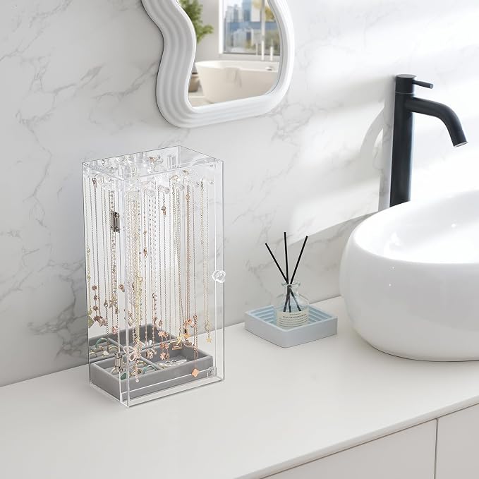 Lolalet Necklace Holder Organizer, Acrylic Jewelry Organizer with 24 Hooks, Rotating Clear Necklaces Display Box with Built-in Mirror, Dust-proof Jewelry Storage Case with Velvet Tray -Clearmirror