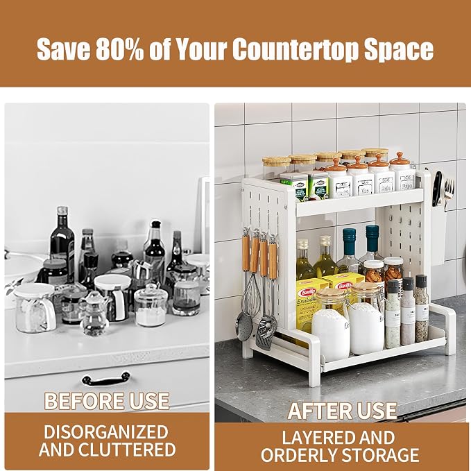 Spice Rack with Pull Out Drawer Counter Storage Organizer Metal 2-Tier | Rust-Resistant Holds 20 lbs Saves 50% Counter Space with Hooks & Hanging Basket for Kitchen Coffee Bar Bathroom Apartment