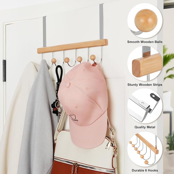 TOPIA HANGER Over The Door Hooks for Hanging, Towel Hooks Towel Racks for Bathroom, Coat Hooks Coat Rack Over The Door Organizer Hanging, Wooden Door Hangers for Coat Towel Hat Purse CT72N - 2 Pack