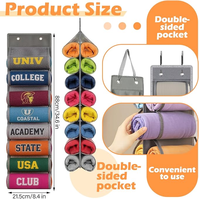 Over The Door Hoodie Organizer, Double Sided Holds 16 T-Shirts, White Hanging Storage with 2 Hooks and Rope for Door Closet Cabinet Use, Ideal for Dorm Rooms Bedroom (Gray)