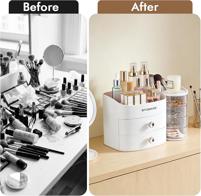 XIAPIA Makeup Organizer Countertop, Make Up Organizer for Vanity | Skincare & Cosmetic Organizers with Drawers, Bathroom Storage for Brush Holder|Lipstick|Jewelry, Ideal Gift for Women, White