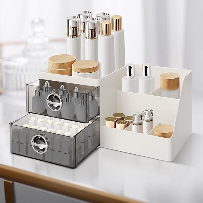 Sunkaioo Makeup Organizer with Clear Drawers,Plastic Skincare Organizers for Vanity,Large Capacity Makeup Organizer Countertop for Cosmetics, Skincare,Office Stationery (Gray Drawer)