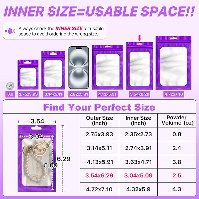 100 PCS Resealable Mylar Bags with Zipper and Frosted Clear Window Smell Proof Bags Packaging Bag Foil Pouch Zipper Bag for Food Self Sealing Storage Supplies (Purple, 3.54x6.29)