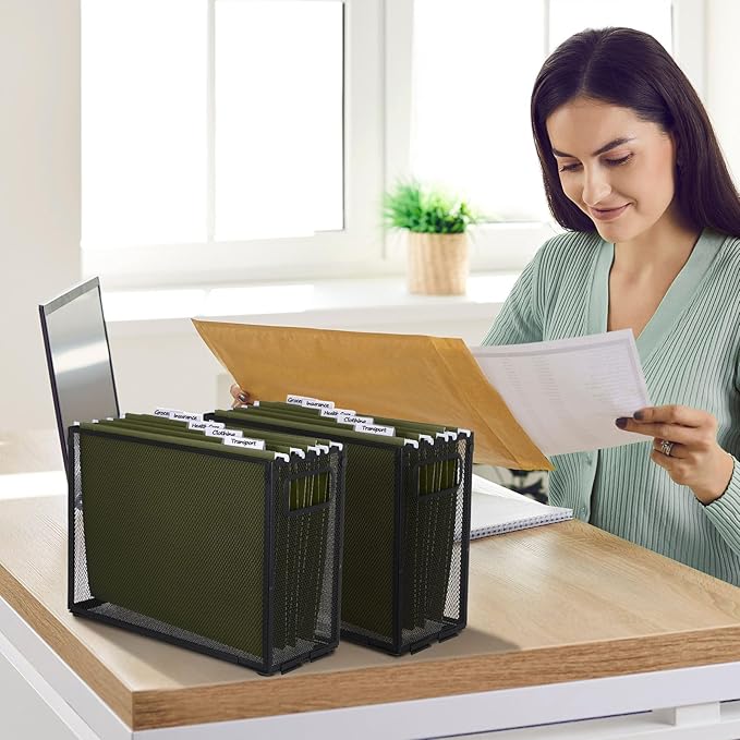 2 Pack Hanging File Holder, 10 Hanging Folders, Metal Mesh, Letter Size Folder Storage, Desktop Storage Cabinets, Office School Document(Green,Small)
