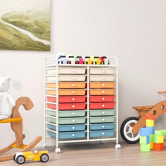 LDAILY 20-Drawer Rolling Storage Cart, Rolling Storage Cart, Storage Organizer on Wheels, Metal Frame, Scrapbook Paper Tools, Suitable for Office School, Classroom (Macaron, 20 Drawer)