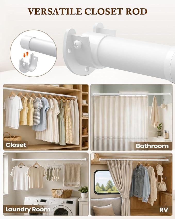 Closet Rod, 17-84 IN Closet Rods for Hanging Clothes, White | Stepless Adjustable, Supports up to 66 lbs, Multiple Size Options, Easy Installation, Multi Purpose, Wall-Mounted