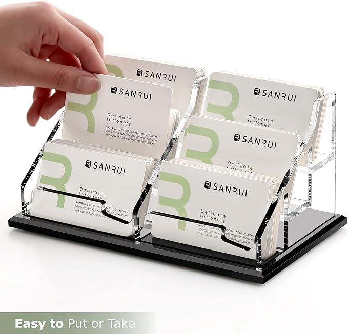 SANRUI Acrylic Business Card Holder, Black Business Cards Display Stand for Desk, Clear Horizontal 6 Slot Desktop Organizer , 360 Card Capacity