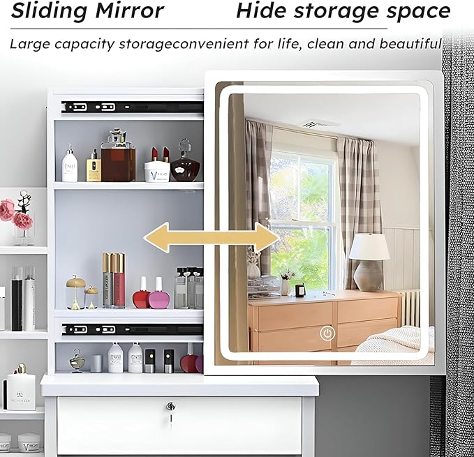 Makeup Vanity Desk with Mirror and Lights, Vanity Table Set with Storage Drawer & Chair & 3 Shelves, 3 Lighting Colors, Adjustable Brightness Small Makeup Vanity White