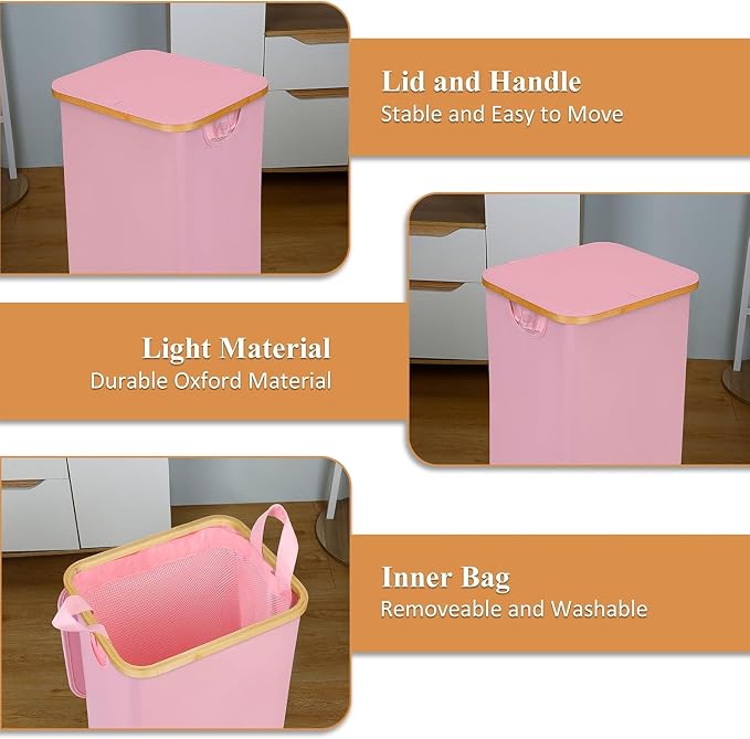 IEGrow Laundry Basket with Wheels 110L Clothes Hamper for Laundry,Pink | Laundry Hamper with Lid and Bamboo Frame, for Laundry Room, Bedroom, Dormitory Storage