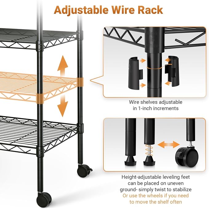 HealSmart Heavy Duty 5-Shelf Storage Shelving Unit, 1250lbs Loading Capacity, 29.92" D x 13.98" W x 62.99" H Adjustable Steel Organizer Wire Rack, Black