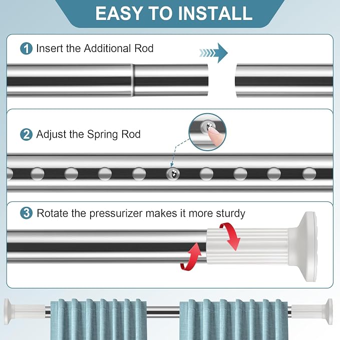 ZOCONE Tension Curtain Rod 51-128 Inch (4.25-10.5Ft), Shower Curtain Rod No Drilling for Bathroom, Outdoor Curtain Rods for Patio, Heavy Duty Long Tension Rod for Window, Stainless Steel