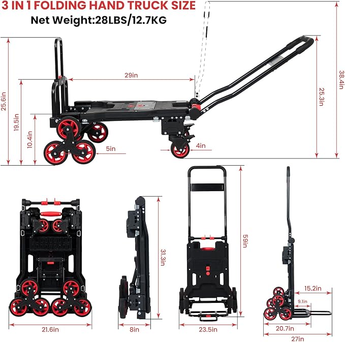 Upgraded 3 in 1 Convertible Folding Hand Truck with Brakes, Hand Truck Dolly Heavy Duty 660lbs Capacity, Stair Climbing Cart with Adjustable Shovel Board and Fixed Handle for Moving