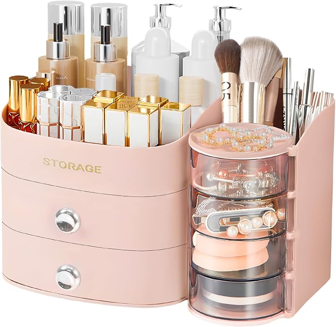 XIAPIA Makeup Organizer Countertop, Make Up Organizer for Vanity | Skincare & Cosmetic Organizers with Drawers, Bathroom Storage for Brush Holder|Lipstick|Jewelry, Ideal Gift for Women, Pink