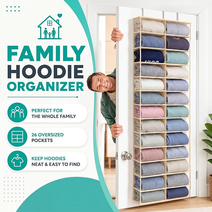 Over The Door Hoodie Organizer 26 Clear Pocket Sweatshirt Organizer with 3 Hooks Hanging Sweatshirt Hoodie Rack Holder Cabinet Behind The Doors for Dormitory Bedroom Closet Storage(Beige)