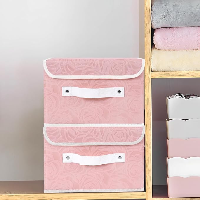 ANMINY 4PCS Fabric Storage Bin with Lid Rose Print Storage Box Basket with PU Leather Handles Washable PP Plastic Board Decorative Foldable Lidded Shelf Cubes Closet Organizer - Pink, Small Size
