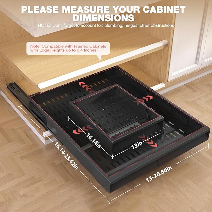 Seinloes 2 Pack Pull Out Cabinet Organizer With Raising Pad for Framed Cabinets,Expandable Width (13"-21") and Depth (17"-24"),3 Slide Rails Slide Out Drawers with Handle,No-Drill Roll Out Shelf,Black