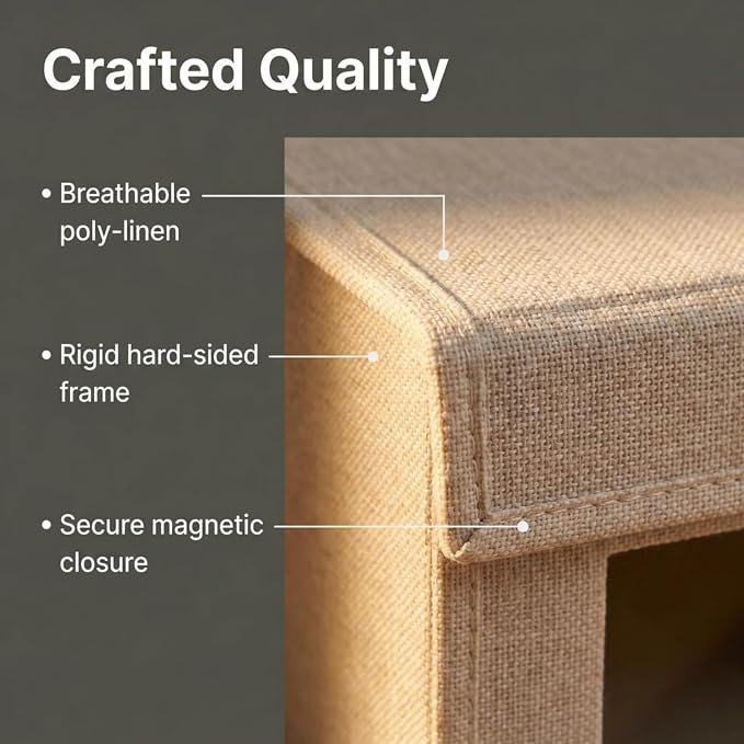 Household Essentials Small Drop Front Shoe Box with Clear Front Panel, Sturdy Poly‑Blended Linen, Cream Finish, Set of 2