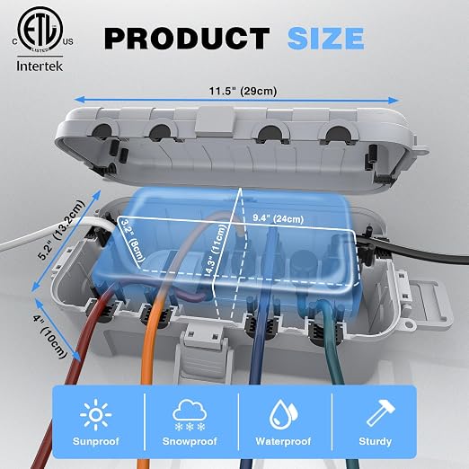 Flemoon Medium Outdoor Electrical Box (11.5x5.2x4 inch), IP54 Waterproof Extension Cord Cover w/6 Cable Entry Ports, Weatherproof Connection Box for Power Strip, Timer, Holiday Lights, Light Grey