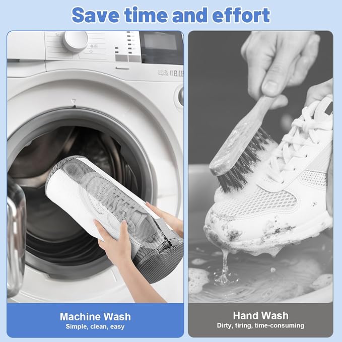 Dntorx 2 PCS Shoe Washing Machine Bags for Washer and Dryer, White + Grey | Reusable Laundry Shoe Bag, Hands Free, Hidden Self-locking Zipper, 360° Deep Cleaning, For Sneakers and All Shoes Types