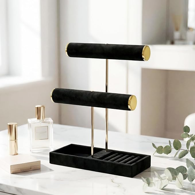 2 Tier Jewelry Organizer Stand,Velvet Tabletop Necklace and Bracelet Hanging Organizer Holder for Girls and Women,Large Small Jewelry Storage Display Tree Rack for Vendors,Ring and Watch Hanger(Black)