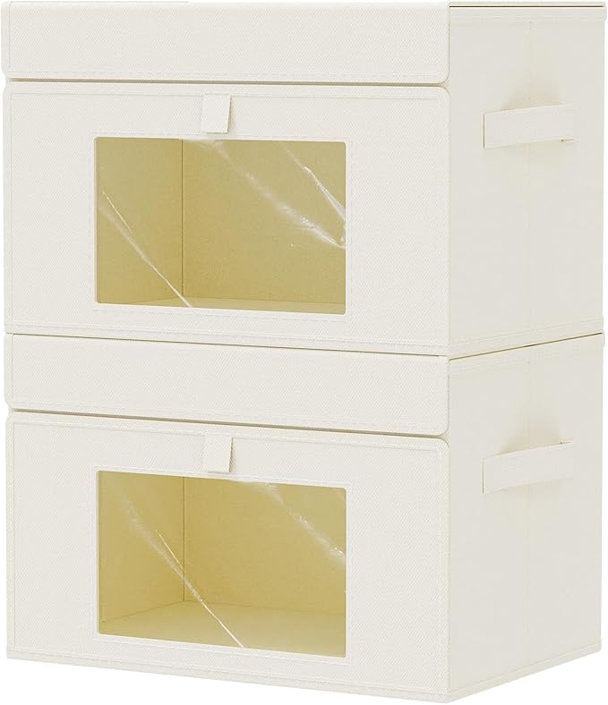 Storage Bins with Lids, Cube Organizer Basket with Window, Closet Boxes with Carrying 2 Handles and Sturdy PP Support Plate, 2 Pack, Beige, 15 x 9.8 x 9.8 In, XSNY17BEL-2