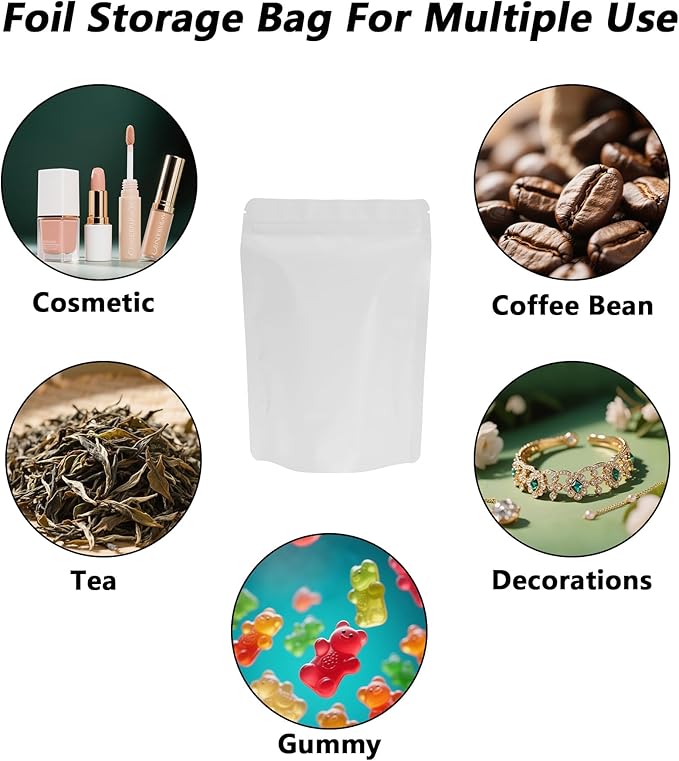 100PCS Smell Proof Resealable Pouch Bags,ULIFESTAR Aluminum Foil Flat Food Storage Bag,Sealable Pcsaging Zipper Pouches with Tear Notches for Pcsaging Lipgloss,Jewelry,etc(14*20cm/5.51*7.87",White)