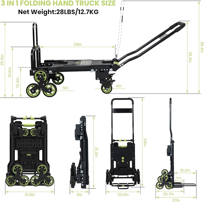 Upgraded 3 in 1 Convertible Folding Hand Truck with Brakes, Hand Truck Dolly Heavy Duty 660lbs Capacity, Stair Climbing Cart with Adjustable Shovel Board and Fixed Handle for Moving